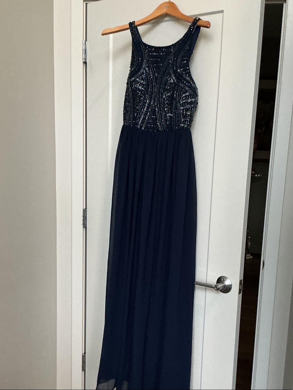 Aidan Mattox Navy Beaded Bodice Chiffon Prom Gown
